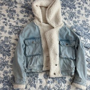 Sherpa-Lined Light Wash Denim Jacket with Hood